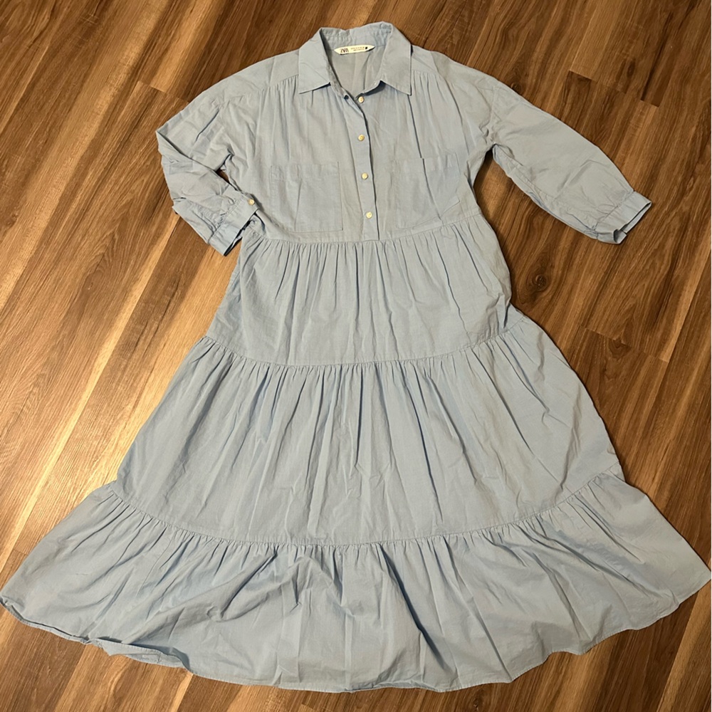Zara Sky Blue Collared Maxi Shirt Dress